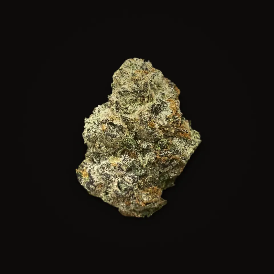 Cherry Slushie THC flower (hemp THCA), indoor, spotlit on black