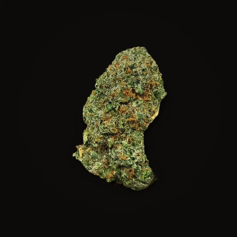 Pink Runtz THC flower (hemp THCA), indoor, spotlit on black